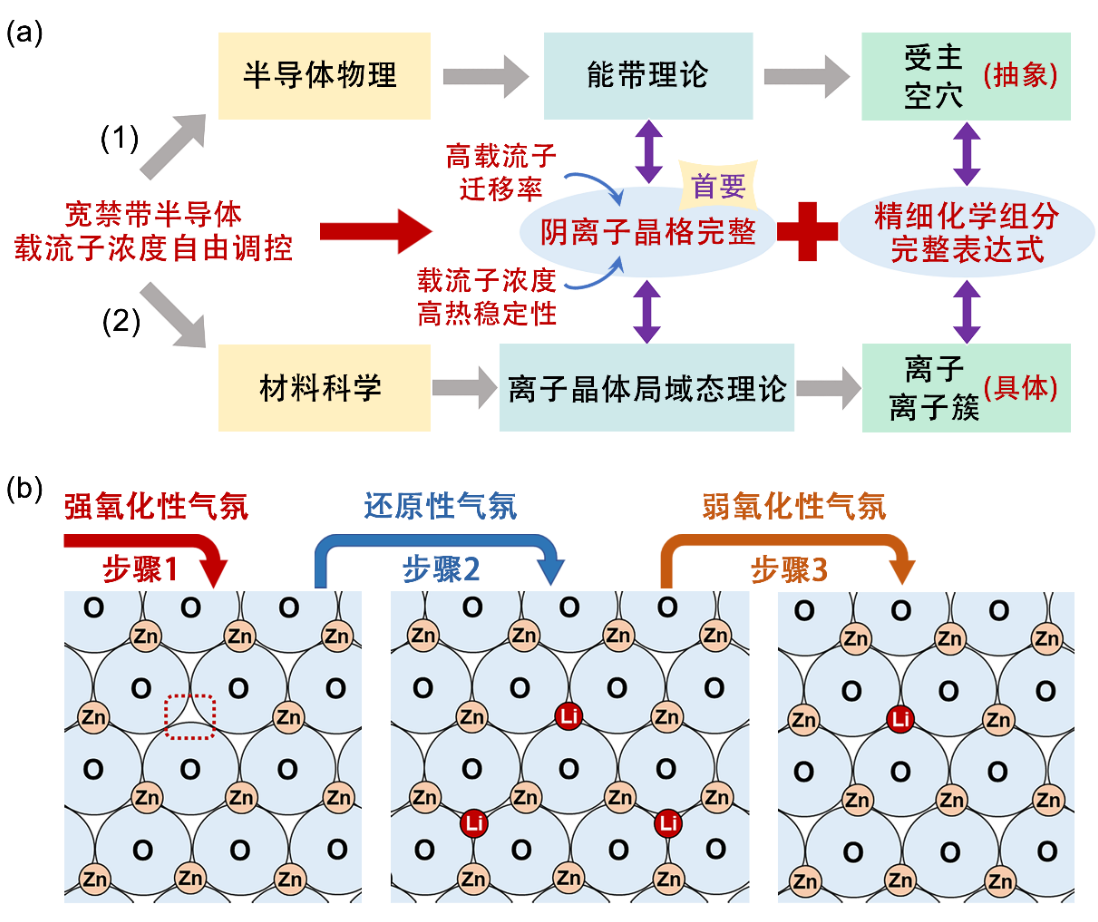 实现宽禁带半导体载流子浓度自由调控的(a)“立体”理论与(b)多部热力学过程策略(以p-ZnO制造为例)